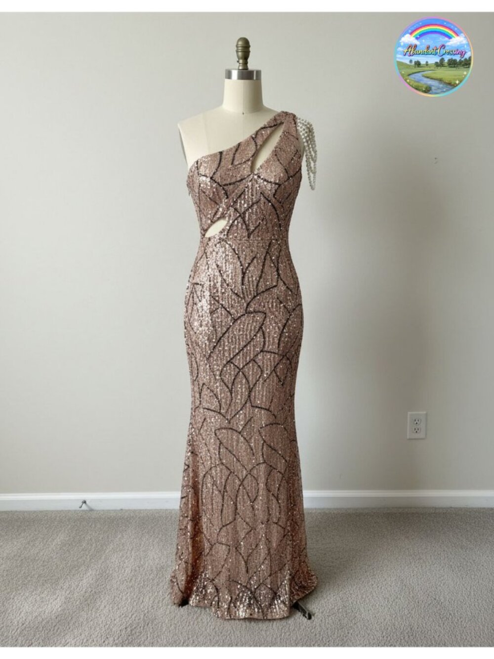 One Shoulder Sequin Formal Maxi Dress Tassel Sleeve Evening Gown